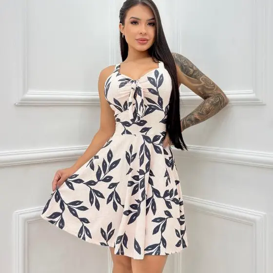 Vestido Feminino Estampado Rodado Alcinha com Bojo Amarração Frente  Soltinho Dia Dia