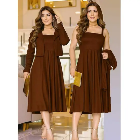 Conjunto Vestido Rodado Midi + Casaco Blazer Moda Evangélica executiva Elegante