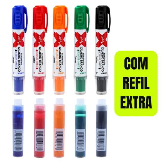 Kit Marcador Quadro Branco + Refil Extra | 5 Cores
