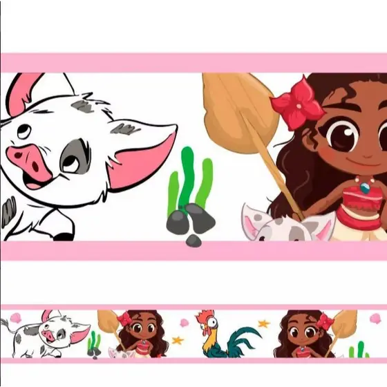 Faixas Decorativas - Tema Moana - Animais- Borda rosa - Fundo claro - Disponível em diversas  opções