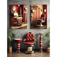 Quadros decorativos 2 peças Tema Cadeira de Barbeiro - Cadeiras grandes - Vermelho - Disponível em d