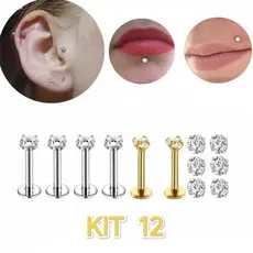 Kit 12 Piercing Labret Ponto De Luz  Helix Tragus Conch Aço Cirúrgico