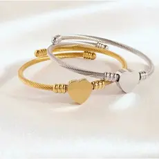 Pulsera Feminina de Aço Inoxidável com Coração e São Bento,  Prata e Dourado