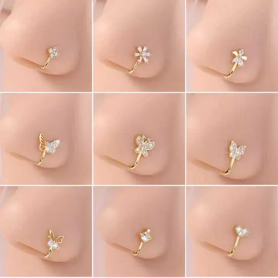 Piercing Nariz Fake 316L, Coração, Borboleta e Flor, Clip U – Estilo Exclusivo