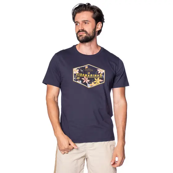 Camiseta Masculina Vida Marinha Manga Curta com Estampa Floral Marinho