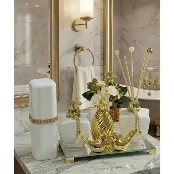 Kit Lavabo Dourado + Bandeja Luxo+ Difusor + Saboneteira + Enfeite Porcelana + Vaso Decorativo + Porta Escovas + Varetas