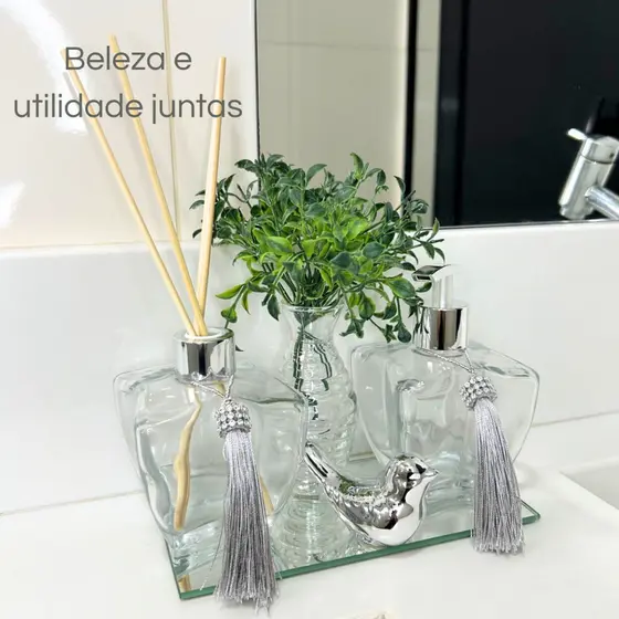 Kit Lavabo Prata Luxo Bandeja Vaso Enfeite Difusor Aroma Saboneteira + Kit Vareta Decorada + Organizador Banheiro Lindo!