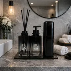 Kit Banheiro Preto Organizador Super Luxo + Difusor de Aromas + Porta Sabonete + Porta Escovas de Dente + Bandeja Vidro