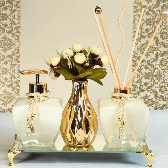Kit Lavabo Luxuoso Jogo de Banheiro Decoração Elegante Difusor Aroma + Saboneteira + Bandeja Espelhada + Vaso Porcelana