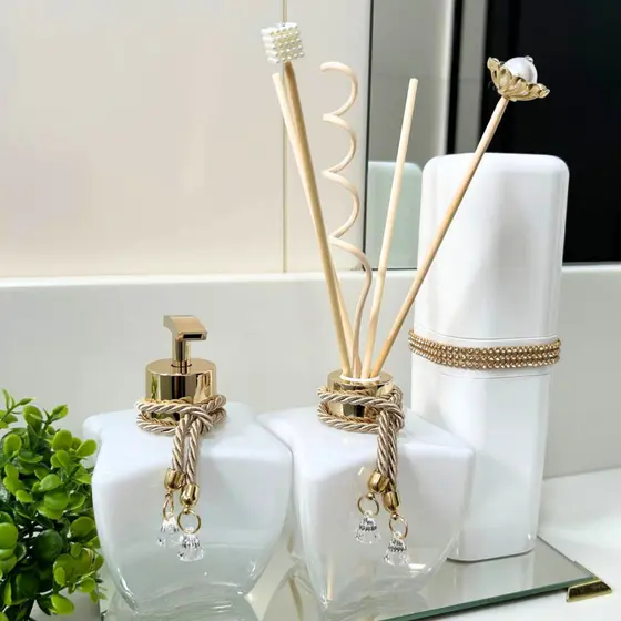 Kit Para Lavabo Jogo Banheiro Difusor Porta Sabonete Líquido e Escovas Varetas Decorativas + Organizador- K254-02 Coleçã