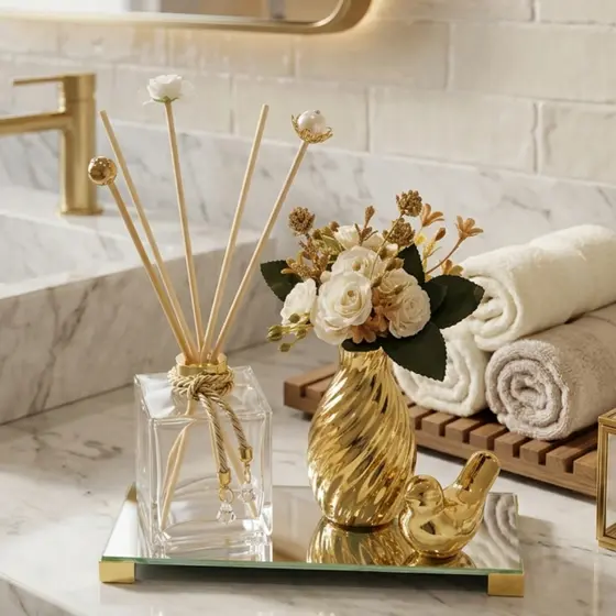 Kit Lavabo Banheiro Decoração Sala Dourado Difusor Aromas + Bandeja Espelho + Vaso Enfeite + Kit Varetas Difusoras Luxo!