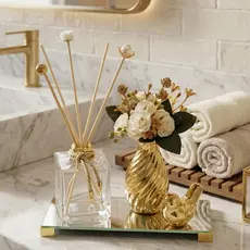 Kit Lavabo Banheiro Decoração Sala Dourado Difusor Aromas + Bandeja Espelho + Vaso Enfeite + Kit Varetas Difusoras Luxo!