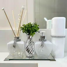 Kit Lavabo Luxuoso Difusor de Aromas Saboneteira Bandeja Espelhada Vaso Decorativo + Lindo Kit de Varetas - K260Prata
