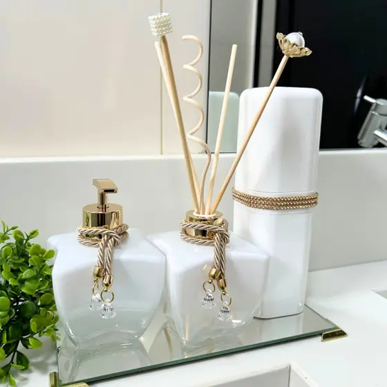 Kit Para Lavabo Jogo Banheiro Difusor Porta Sabonete Líquido e Escovas Bandeja Decoração + Organizador- K254 Coleção Gré