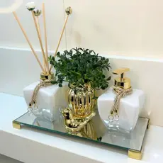 Kit Lavabo Banheiro Dourado Bandeja Espelhada + Vaso Enfeites Decorativo Porcelana + Varetas Difusoras Conjunto Completo