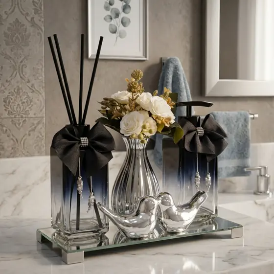 Kit Banheiro Lavabo Luxuoso Preto + Bandeja Espelhada + Vaso Luxo Prata + Enfeite Porcelana Completo + Varetas Decoradas