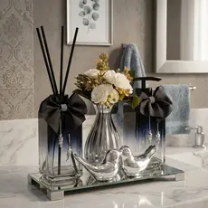 Kit Banheiro Lavabo Luxuoso Preto + Bandeja Espelhada + Vaso Luxo Prata + Enfeite Porcelana Completo + Varetas Decoradas