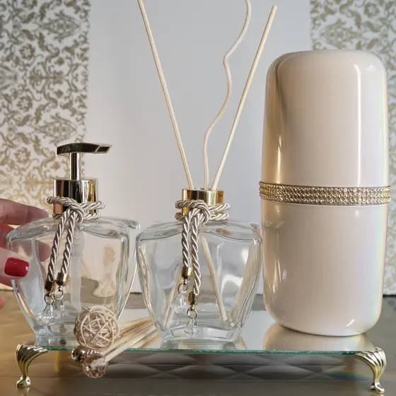 Kit Lavabo Jogo Banheiro Difusor Saboneteira Porta Escovas Bandeja Espelho Organizadora Kit Varetas - K216 Coleção Dubai