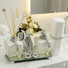 Kit Lavabo Banheiro Prata + Aromatizador Ambie + Saboneteira + Vaso e Enfeites + Kit Varetas Decoradas Conjunto Completo
