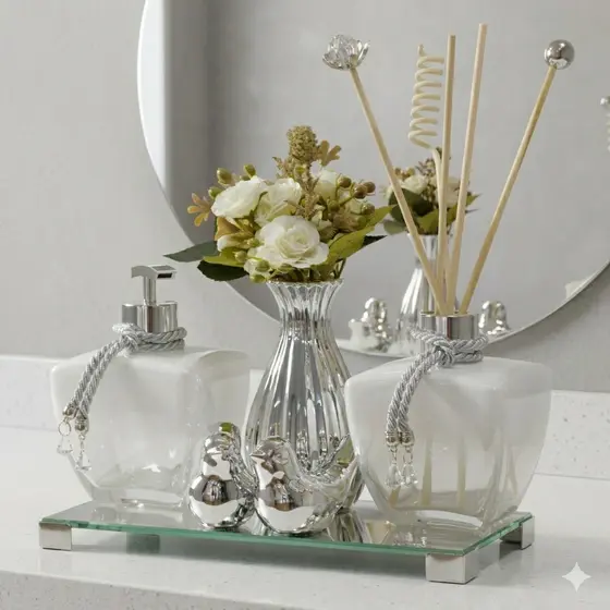 Kit Luxuoso Banheiro Completo Bandeja Espelho Decor + Vaso Prata Flor + Kit Varetas Decoradas Difusor Conjunto Lavabo