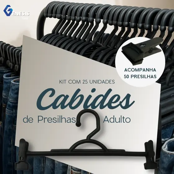 Kit 25 Unidades 50 Presilhas Cabide Prendedor Adulto Preto Resistente Saias Calças Shorts