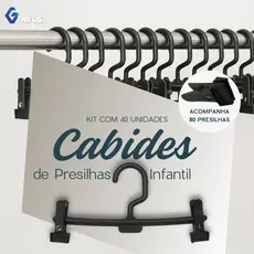 Kit Cabide Infantil 40 Unidades 80 Presilhas Preto Organizar Roupas Loja Closet Vestido Calças