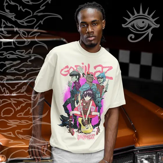 Camiseta Basica e OVERSIZED Gorillaz Carton Demon Days Banda Rock Pop Unissex - Darknezz