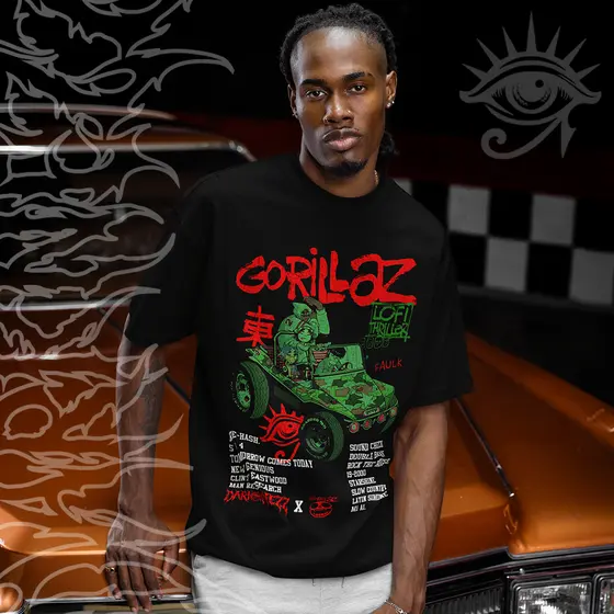 Camiseta Basica e OVERSIZED Gorillaz Lofi Thriller Faulk Graphic Car Unissex - Darknezz
