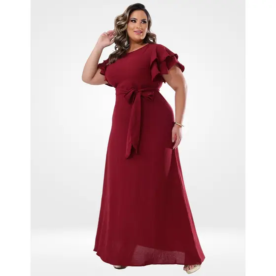 Vestido Longo Plus Size Feminino Festa Casamento Madrinha Manga Babado com Faixa Crepe Duna Moda Evangélica G1 ao G4