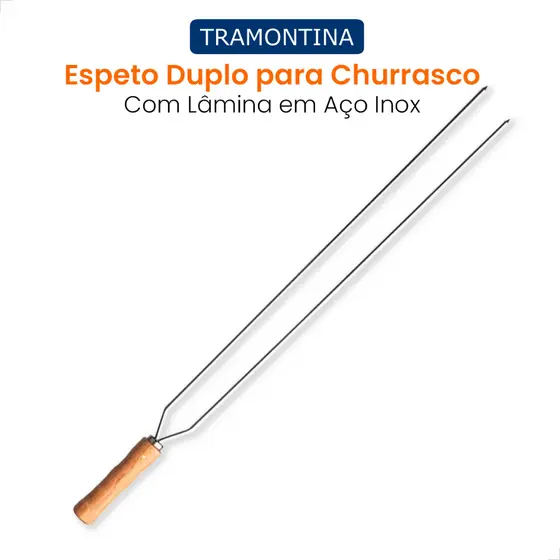 Espeto Duplo 85cm Churrasco Tramontina Lamina Aço Inox Cabo de Madeira Natural Resistente à ferrugem