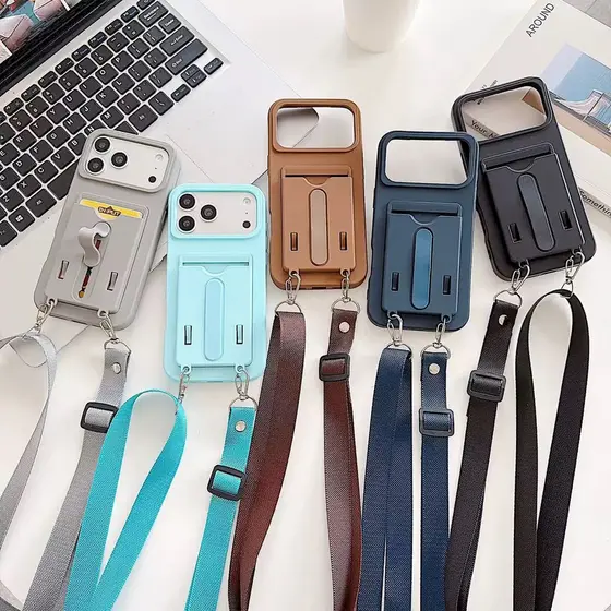 Capa para Celular com Porta Cartão, Suporte e Alça de Ombro, Case Protetora com Cordão compative com iPhone