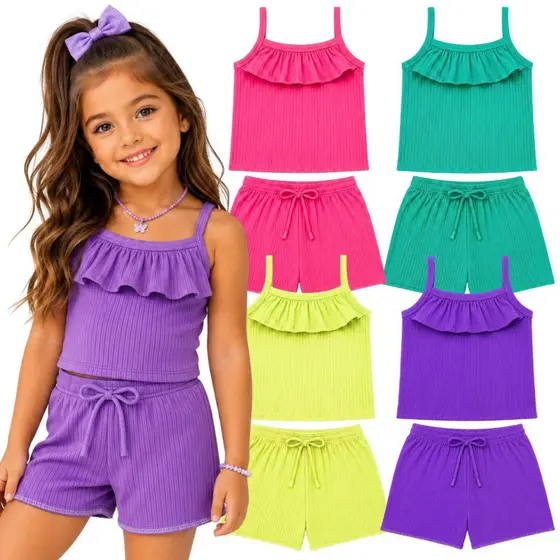Conjunto Infantil Menina do 1 ao 10 anos Verão Neon Canelado Premium | Roupa Infantil Menina| Regata + Shorts Infantil