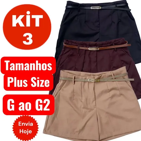 Kit 3 Bermuda Short Plus Size Com Cinto De Brinde Premium Alfaiataria Moda Feminina Forma Grande Com Bolso e Ziper