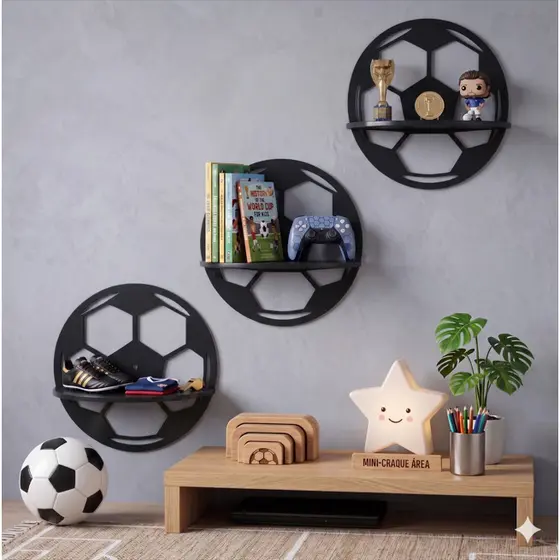 Kit 3 Nichos Prateleira Bola de Futebol em MDF – Decoração e Organização
