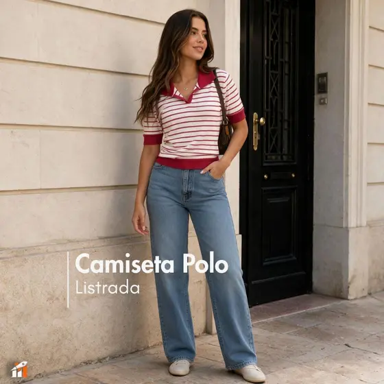 Camiseta Polo Feminina Tricô Listrada Manga Curta Tamanho Único
