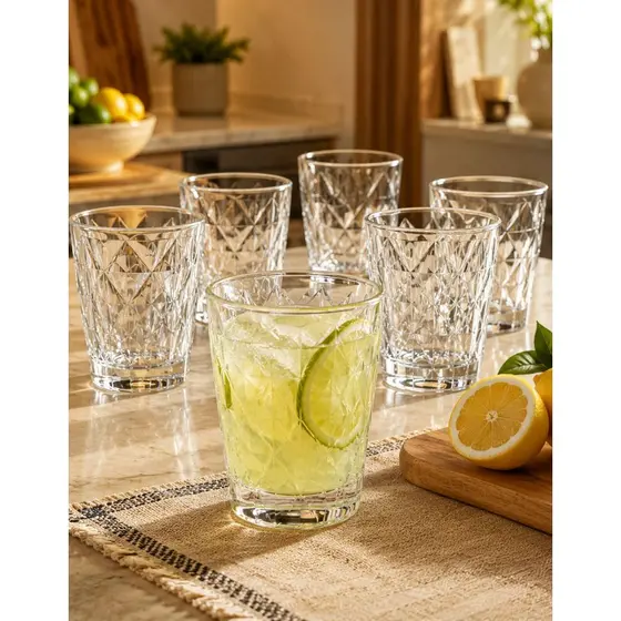 Conjunto 12 Copos Diamond Italiano Vidro Resistente Grosso Decorado 330ml Suco Água Drinks Jogo Luxo