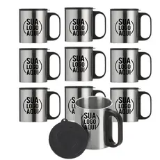 10 Canecas Inox 180ml Personalizada C/ Tampa Plástica Logo Marca Alça