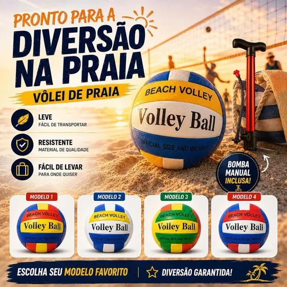 Kit Bola de Vôlei Praia e Quadra Tamanho Oficial + Bomba de Ar Portátil 4 Cores