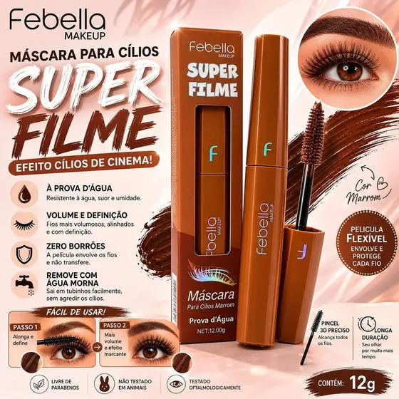 Máscara de Cílios Marrom Febella Super Filme MA30421 - À Prova D'água Com Efeito Alonga e Dá Volume Sem Borrar 12g