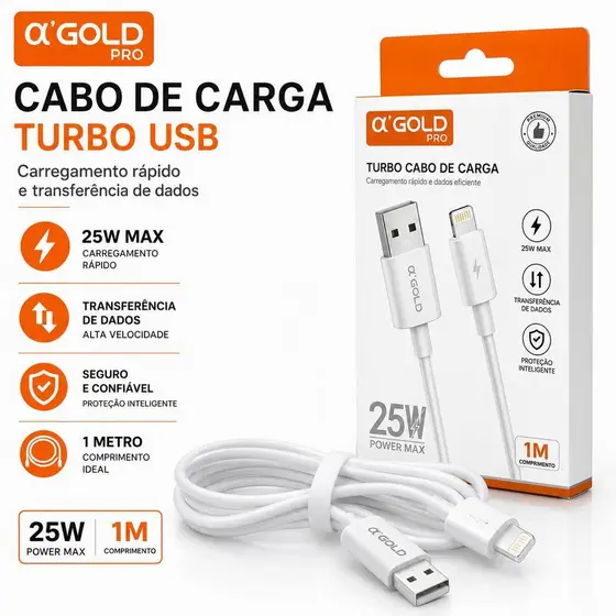Cabo Carregador USB Tipo-C Lightning A'GOLD CB129 25W PD Carregamento Rápido e Dados para iPhone 1 Metro