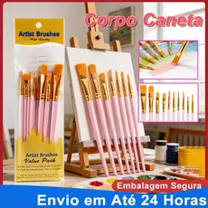 Kit com 10 Pincéis Artísticos para Pintura Cerdas Macias Resistentes Aquarela Óleo Guache Acrílica