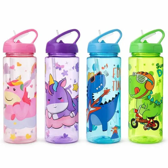 Garrafa Plástica 750ml Unicórnio e Dino Com Canudo e Alça 22,5cm