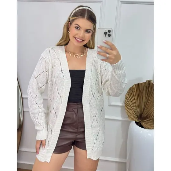 Cardigan Feminino em Tricot Tricô Trabalhado Casaco Inverno Casual Kimono