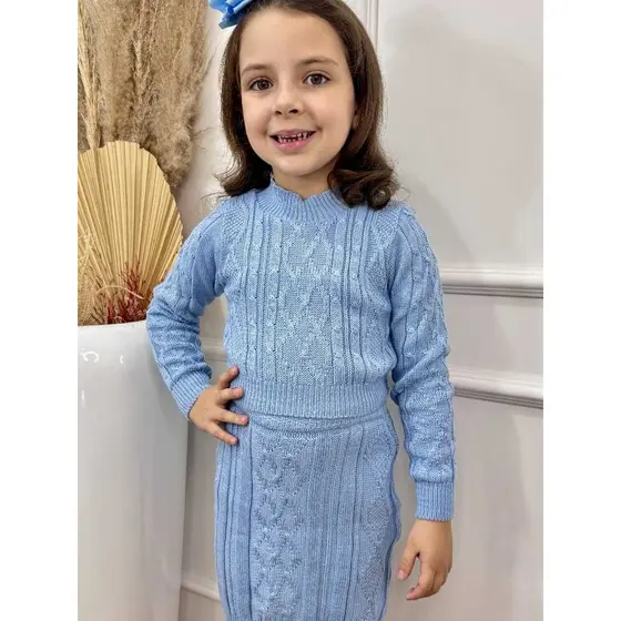Conjunto Infantil Juvenil Trico Cropped Saia Trama Trança Losango Menina Inverno Meia Estação 4 a 12