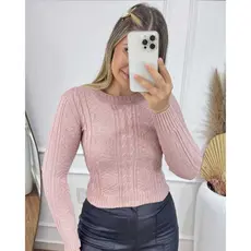 Cropped Blusa Modal Premium Tricot Trança Losango Manga Longa Gola Redonda Inverno Veste 36 a 42
