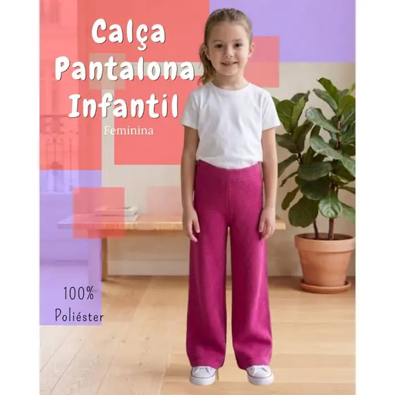Calça Pantalona Infantil Feminina Tricô 100% Poliéster Cintura Alta Tricot Casual Outono Inverno