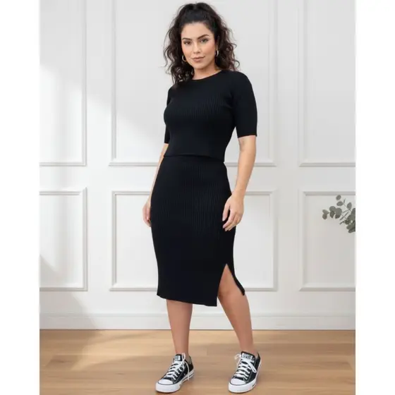 Saia Feminina Midi em Tricot Canelado com Fenda Lateral Trico Moda Primavera Verão