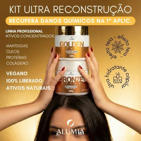 Kit Alumia Bronze Shine Golden Gloss Reconstrução Nutrição Brilho Intenso Máscaras 500g