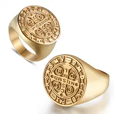 Anel São Bento  Aço Inoxidável  Cor Dourado Folheado A  18k