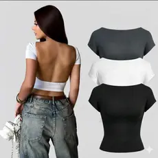 Cropped Costa Nua Feminina Ombro a Ombro manga curta Suplex Liso Casual Básico Tecido Duplo